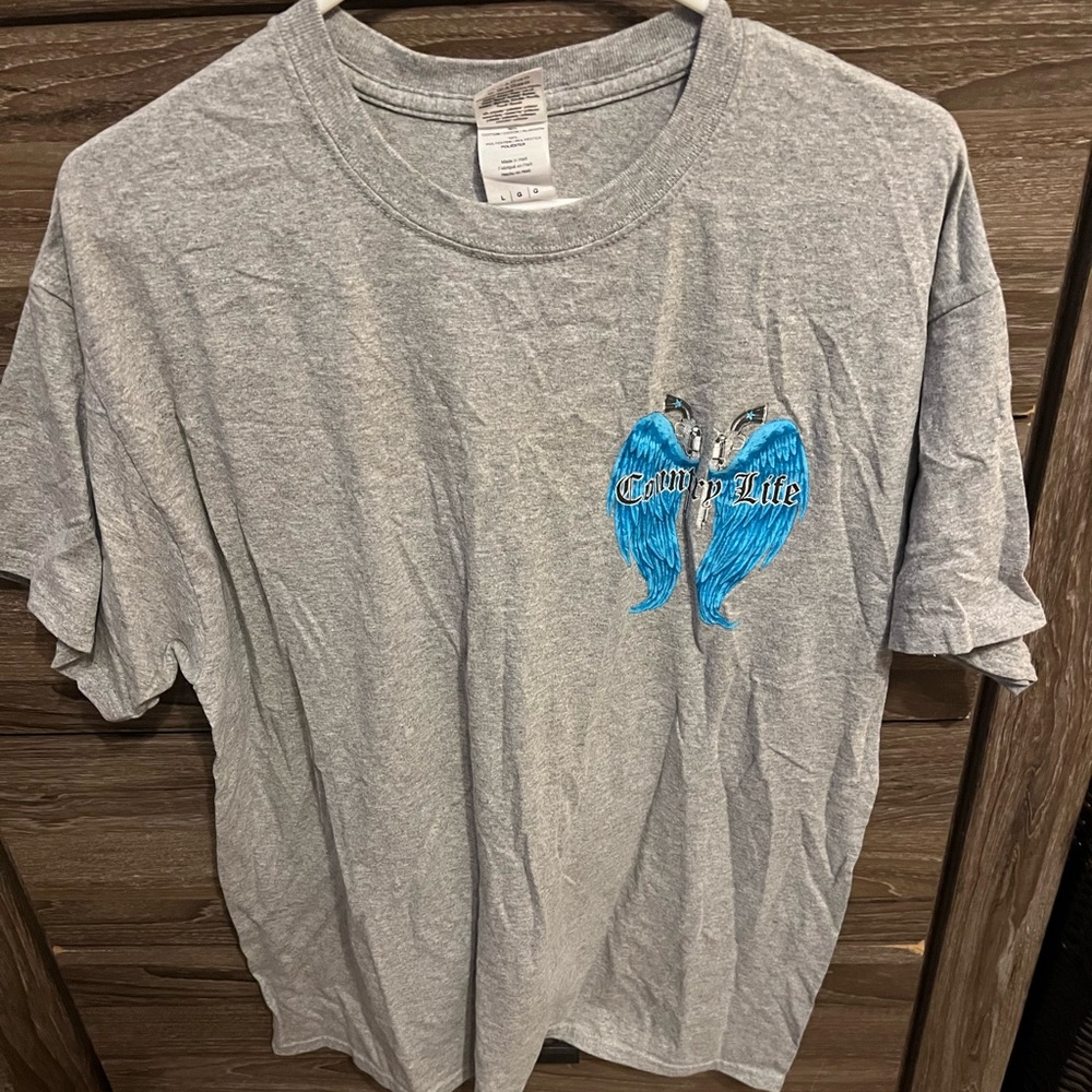 Gray T-Shirt with Blue Wing Design